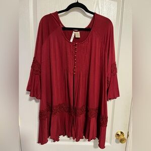 Always Grace Burgundy Women's Button Down Blouse with Lace Accents